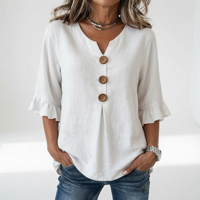 Rosanne™ — Blouse col V boutons manches volantées élégance décontractée