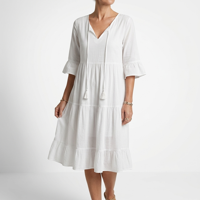 Côtelune™ — Robe smockée col V manches volantées