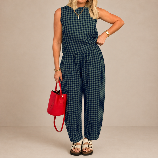 Odile | Ensemble Vichy sans Manches et Pantalon Large