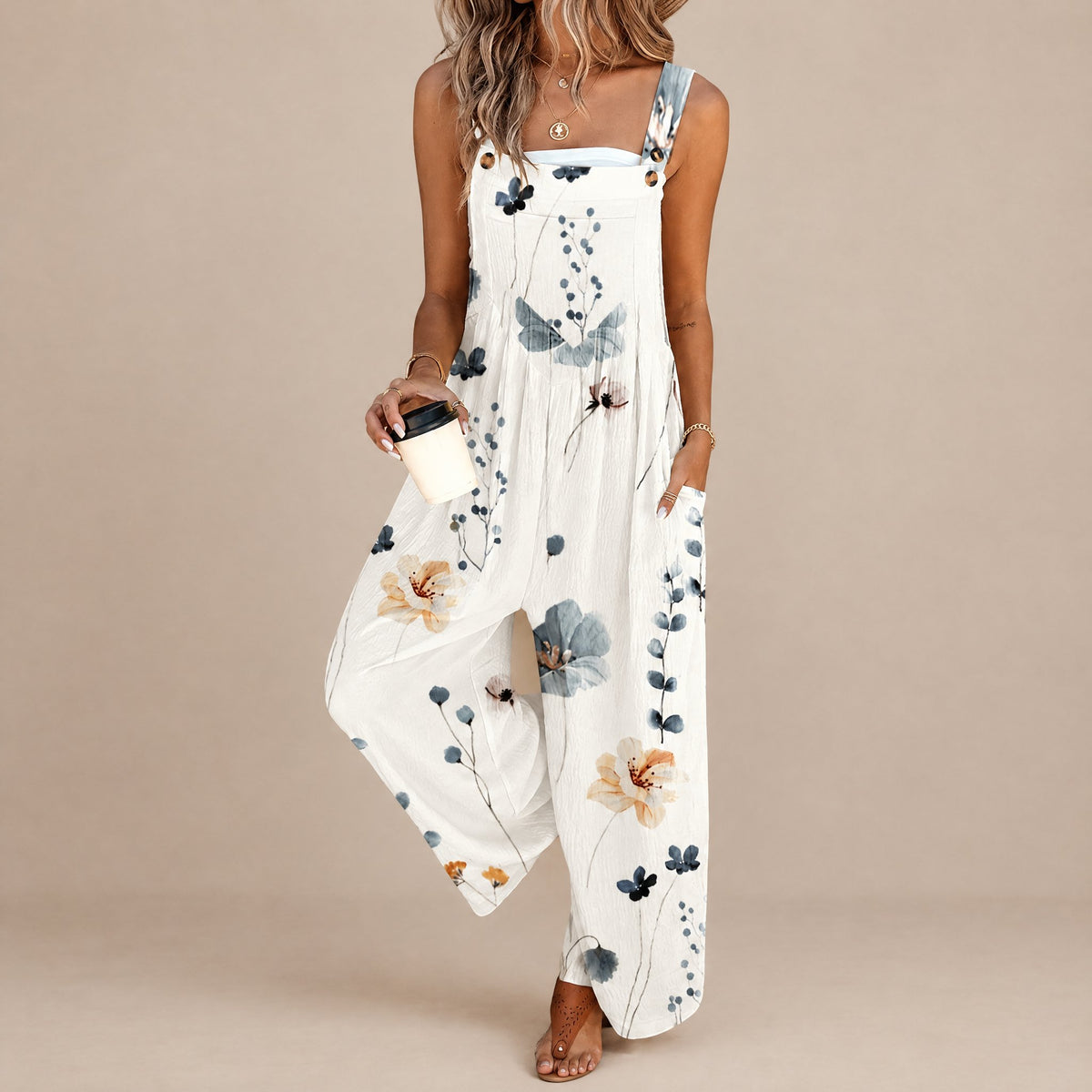 Soline | Salopette Fleurie sans Manches Jambe Large