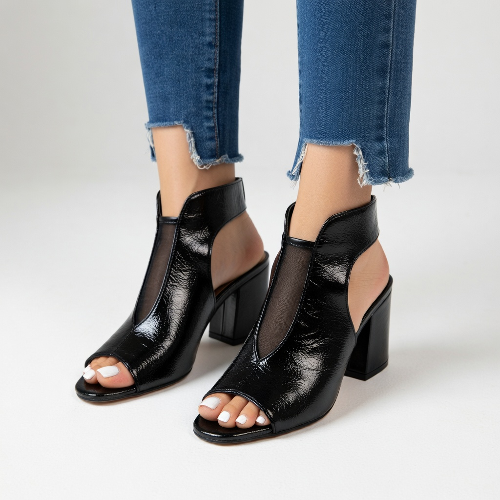 Arabelle™ — Sandale bout ouvert talon bloc 8 cm résille noire élégance urbaine