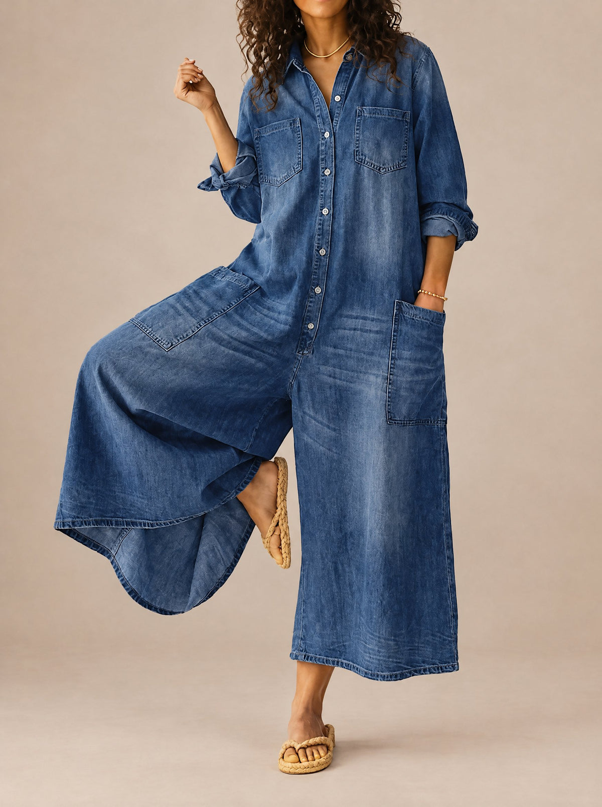 Denise | Combinaison en Jean Manches Longues Jambe Large