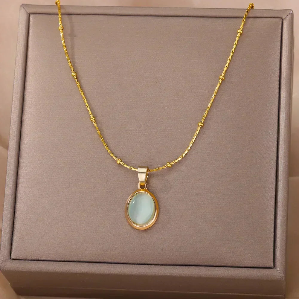 Collier Pendentif Goutte d’Eau en Opale en Acier Inoxydable Doré Chic