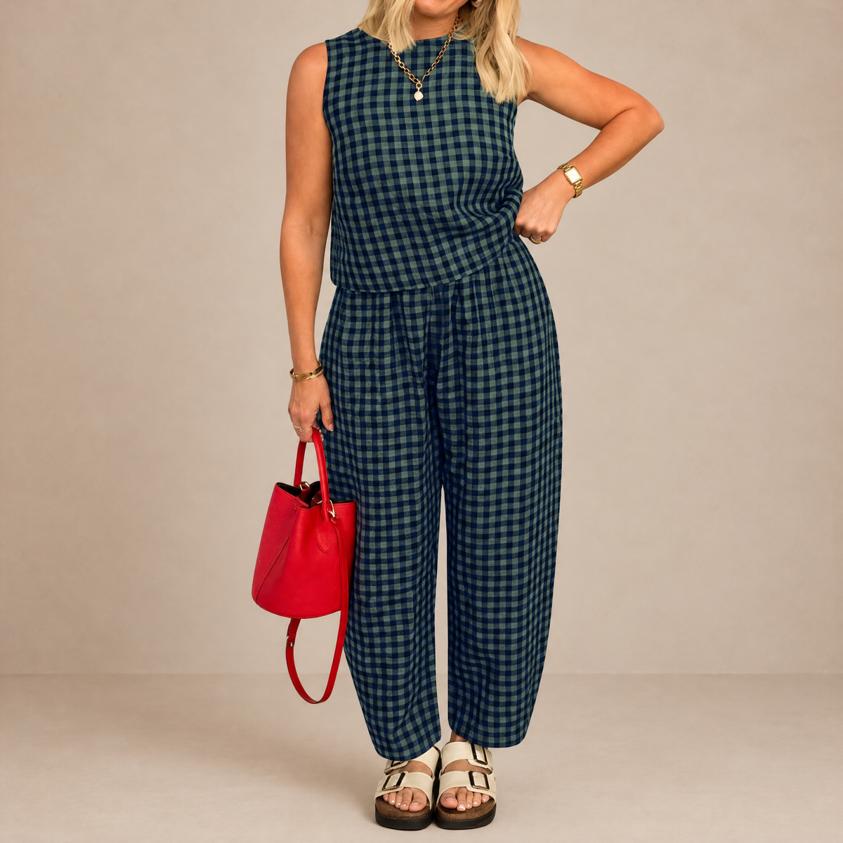 Odile | Ensemble Vichy sans Manches et Pantalon Large